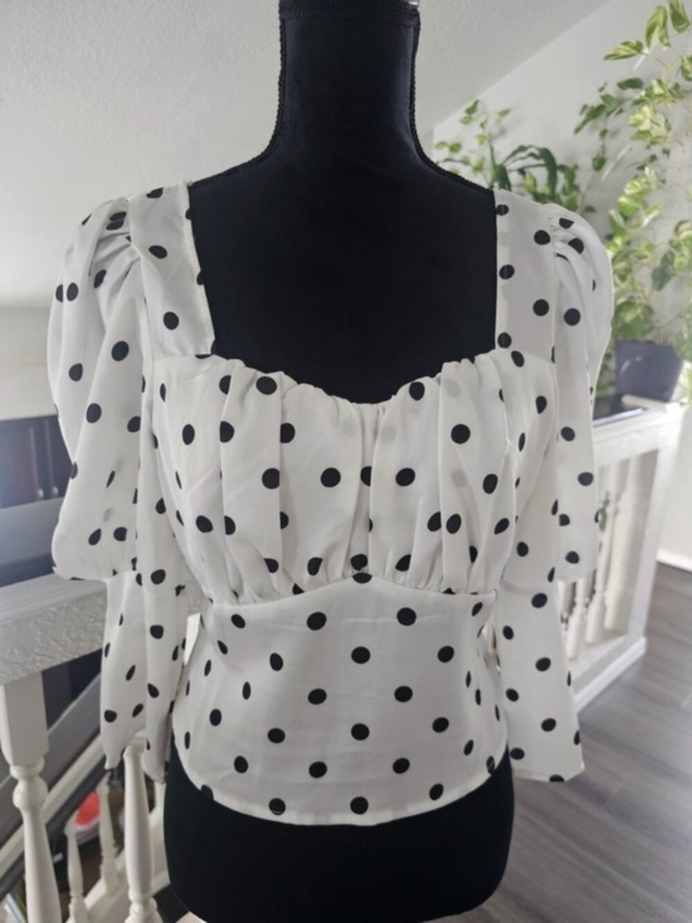 Size S Polka Dot Puff Sleeve Square Neck Blouse - White/Black.